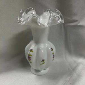 Fenton Milk Glass Silver Crest Violets Vase